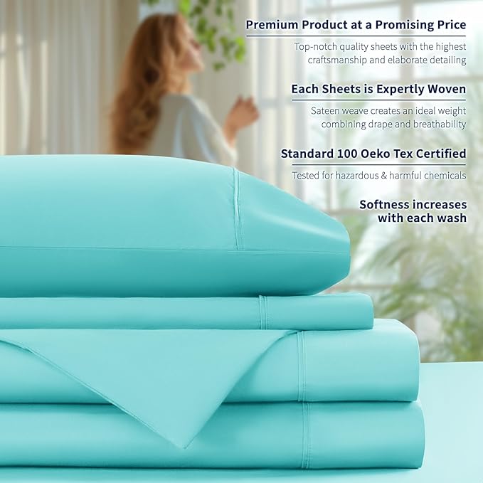 Shilucheng 100% Cotton King Size Sheets Set - 600 Thread Count，Luxury Egyptian Cotton Bed Sheets，5-Star Hotel Quality Sheets, Breathable & Cooling, 16 Inch Deep Pocket - 4 Piece (Seafoam, King) - LeafyLoom