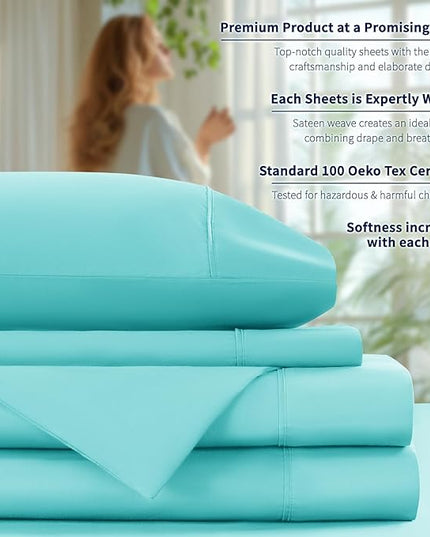 Shilucheng 100% Cotton Sheets Set - 600 Thread Count，Luxury Egyptian Cotton Bed Sheets，5-Star Hotel Quality Sheets, Breathable & Cooling, 16 Inch Deep Pocket - 4 Piece (Seafoam, Full) - LeafyLoom