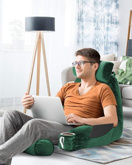 Clara Clark Reading Pillow, Large Back Pillow for Sitting Up in Bed, Memory Foam Back Support Pillow, Reading Pillows for Sitting in Bed Adult, Dark Green Sit Up Pillow for Bed with Arms and Pockets - LeafyLoom