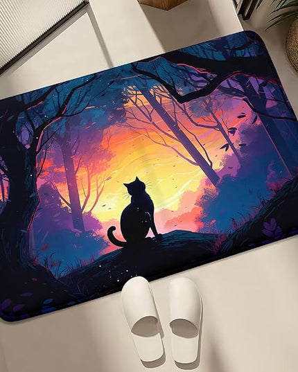 Magic Black Cat Rug - Moon Cat Rug for Girls Room Forestscape Cat Area Rug Black Cat Door Mat Colorful Rug with Black Cat Pattern, 2x3 Feet - LeafyLoom