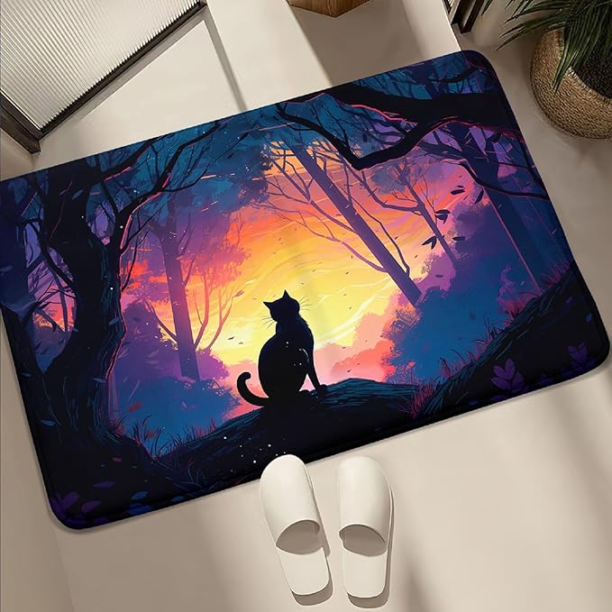 Magic Black Cat Rug - Moon Cat Rug for Girls Room Forestscape Cat Area Rug Black Cat Door Mat Colorful Rug with Black Cat Pattern, 2x3 Feet - LeafyLoom