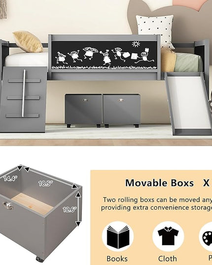 Twin Size Low Loft Bed with Slide and 2 Storage Boxes,Kids Low Loft Bed Frame with Climbing and Chalkboard,Solid Loft Bed Twin for Boys,Girls,Gray - LeafyLoom