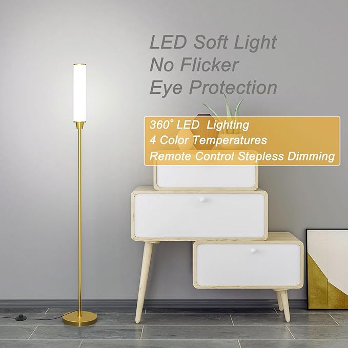 Floor Lamp with Remote Control,Bright Floor Lamps for Living Room/Bedroom/Office, Stepless Adjustable 3000K-6000K Colors and 10-100% Brightness,Standing Light with Foot Switch (Brass Gold) - LeafyLoom