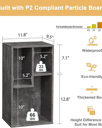 VECELO 3-Cube Open Bookcase, Small Bookshelf with Height Difference Shelves for Most Books, Horizontal Available, 2-Tier Storage Organizer for Home Office, Living Room, Grey - LeafyLoom