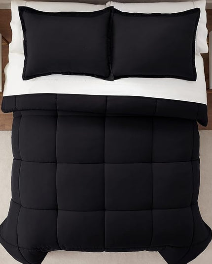 SERTA Simply Clean Ultra Soft Hypoallergenic Solid 3 Piece Comforter Set, Full/Queen, Black - LeafyLoom