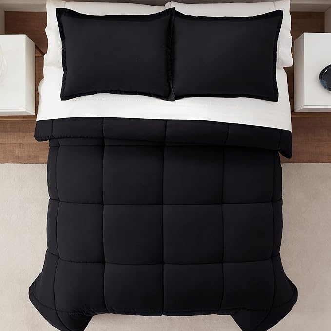 SERTA Simply Clean Ultra Soft Hypoallergenic Solid 3 Piece Comforter Set, Full/Queen, Black - LeafyLoom