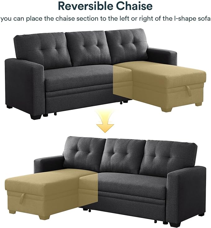 ROOMTEC 82" L-Shaped 3-Seaters Corner Sectional Sofa W/Pull Out Sleeper Couch Bed with Storage Chaise Left/Right Freely Convertible for Home Office Apartment Living Room Dorm - LeafyLoom
