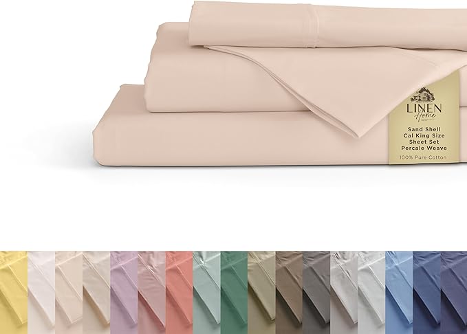 100% Cotton Percale Sheets California King Size, Sand Shell, Deep Pocket, 4 Pieces Sheet Set - 1 Flat, 1 Deep Pocket Fitted Sheet and 2 Pillowcases, Crisp Cool and Strong Bed Linen - LeafyLoom