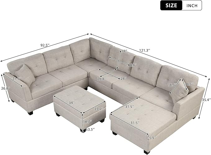 121.3" Modern Oversized U-Shape Sectional Sofa with Right Side Chaise & Storage Ottoman, Linen Upholstered Couch w/ 2 Throw Pillows, for Large Space, Living Room, Apartment, 121.3 Inch, Beige - LeafyLoom
