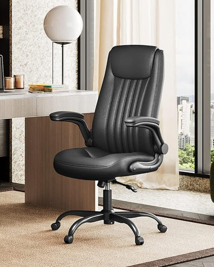 DEVAISE Computer Office Chair, High Back Ergonomic Desk Chair with Adjustable Flip-up Armrests, Lumbar Support and Thick Headrest, Executive Suede Fabric Swivel Task Chair, Black - LeafyLoom