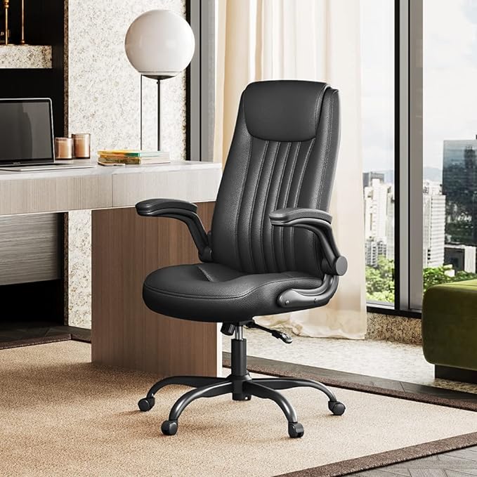 DEVAISE Computer Office Chair, High Back Ergonomic Desk Chair with Adjustable Flip-up Armrests, Lumbar Support and Thick Headrest, Executive Suede Fabric Swivel Task Chair, Black - LeafyLoom