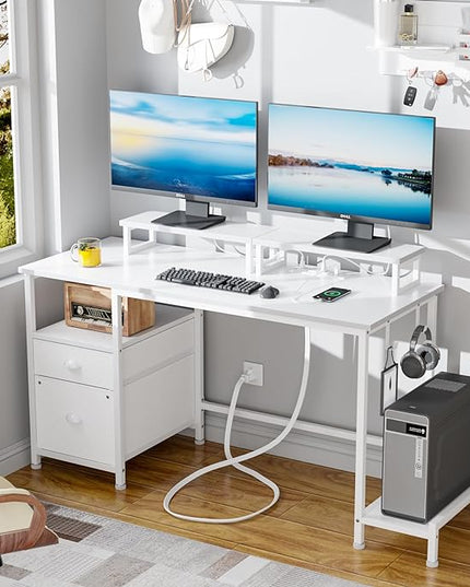 Furologee White Computer Desk with Drawer and Power Outlets, 47" Office Desk with 2 Monitor Stands and Fabric File Cabinet, Writing Gaming Table with Shelves and 2 Hooks for Home Office - LeafyLoom
