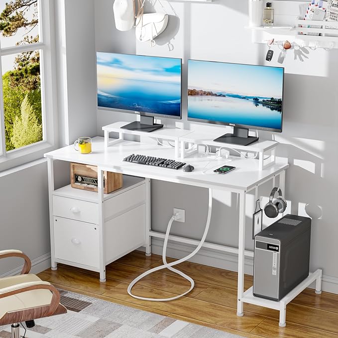 Furologee White Computer Desk with Drawer and Power Outlets, 47" Office Desk with 2 Monitor Stands and Fabric File Cabinet, Writing Gaming Table with Shelves and 2 Hooks for Home Office - LeafyLoom
