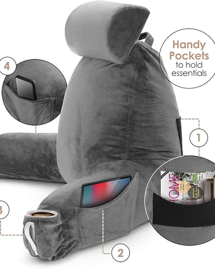 Clara Clark Reading Pillow, Large Back Pillow for Sitting Up in Bed, Memory Foam Back Support Pillow, Reading Pillows for Sitting in Bed Adult, Grey Sit Up Pillow for Bed Chair with Arms and Pockets - LeafyLoom