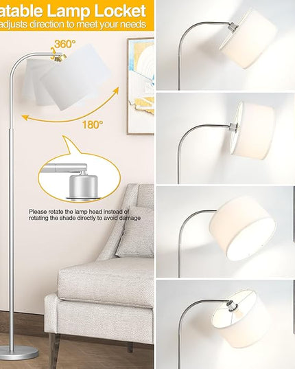 Arc Floor Lamps for Living Room with 3 Color Temperatures, Modern Floor Lamp Reading Light with 9W Bulb Included, Standing Lamp with Adjustable White Hanging Shade for Bedroom Office(Silver) - LeafyLoom