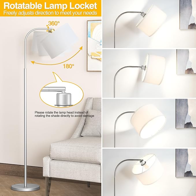 Arc Floor Lamps for Living Room with 3 Color Temperatures, Modern Floor Lamp Reading Light with 9W Bulb Included, Standing Lamp with Adjustable White Hanging Shade for Bedroom Office(Silver) - LeafyLoom