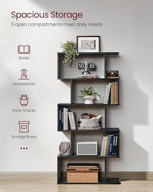 VASAGLE Bookshelf, 5-Tier Bookcase, Tall Display Shelf, Freestanding Storage Shelf, Room Divider, for Home Office, Living room, Bedroom, Study, Ebony Black ULBC062T56 - LeafyLoom