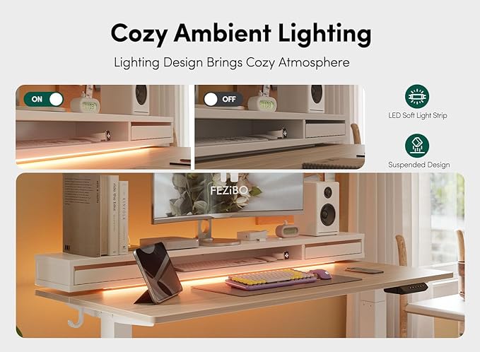 EZIBO 48 * 26 Inch Electric Standing Desk with Monitor Stand, Height Adjustable Table with LED Strips, Ergonomic Home Office Furniture with 2 Drawers Storage Workstation, Light Walnut - LeafyLoom