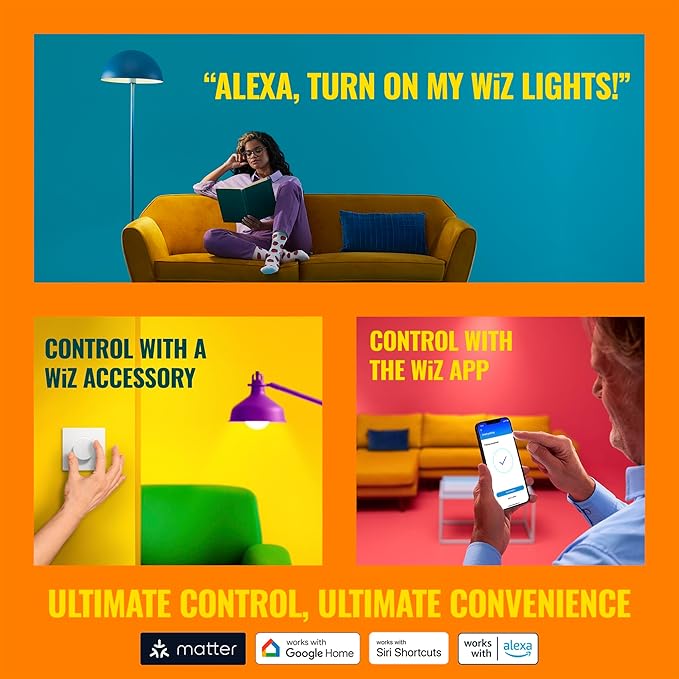 WiZ 65W BR30 Color LED Smart Bulb - Pack of 6 - E26- Indoor - Connects to Your Existing Wi-Fi - Control with Voice or App + Activate with Motion - Matter Compatible WiZConnectedLighting