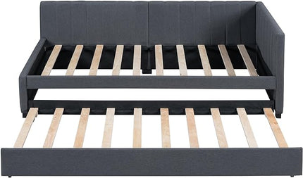 Merax Twin Size Upholstered Daybed with Trundle Wooden Sofa Bed Frame for Living, Guest, Children's Room, No Box Spring Needed, Easy Assembly, Gray - LeafyLoom