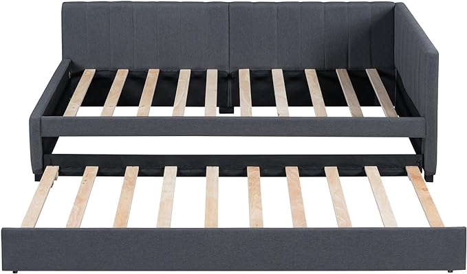 Merax Twin Size Upholstered Daybed with Trundle Wooden Sofa Bed Frame for Living, Guest, Children's Room, No Box Spring Needed, Easy Assembly, Gray - LeafyLoom