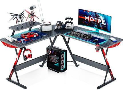 MOTPK L Shaped Gaming Desk with Carbon Fiber Surface, Corner Computer Desk L Shape with Monitor Shelf, Gamer Desk Gaming Table with Cup Holder & Headphone Hook, Black, 51 Inch - LeafyLoom