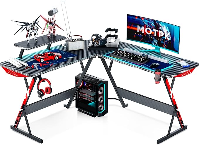 MOTPK L Shaped Gaming Desk with Carbon Fiber Surface, Corner Computer Desk L Shape with Monitor Shelf, Gamer Desk Gaming Table with Cup Holder & Headphone Hook, Black, 51 Inch - LeafyLoom
