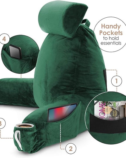 Clara Clark Reading Pillow, Large Back Pillow for Sitting Up in Bed, Memory Foam Back Support Pillow, Reading Pillows for Sitting in Bed Adult, Dark Green Sit Up Pillow for Bed with Arms and Pockets - LeafyLoom