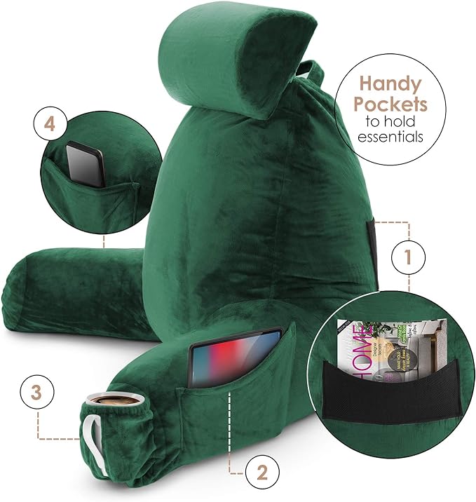 Clara Clark Reading Pillow, Large Back Pillow for Sitting Up in Bed, Memory Foam Back Support Pillow, Reading Pillows for Sitting in Bed Adult, Dark Green Sit Up Pillow for Bed with Arms and Pockets - LeafyLoom