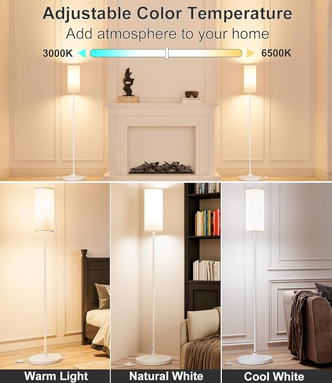 LED Floor Lamp for Living Room, Dimmable Standing Lamps with Foot Switch,Remote Custom Color Temperature White Pole Lamp with Lampshade,12W Led Bulb Tall Lamps for Bedroom Office Kid Room - LeafyLoom
