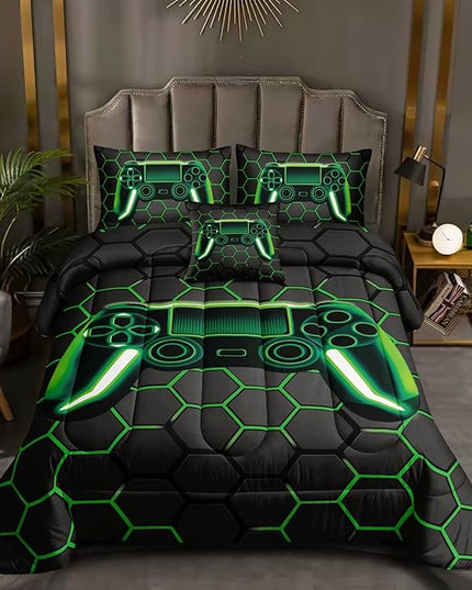 6 Pieces Gaming Bedding Set for Boys Gamer Comforter Set Queen Size,Video Game Comforter for Kids Adult 3D Gaming Geometric Microfiber Bedding Sets 6 Pieces Bed in A Bag Sets H50021,Queen - LeafyLoom