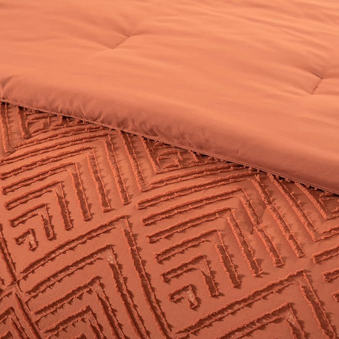 Queen Comforter Set, Tufted Terracotta Comforter Set Queen, Boho Bedding Comforter Sets Extra Fluffy, Ideal for All Seasons 3 Pieces (1 Comforter, 2 Pillowcases) - LeafyLoom