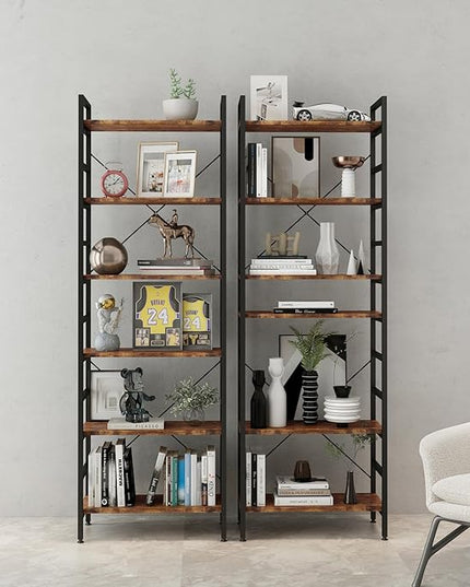 6 Tier Industrial Bookcase Shelf,Tall Bookshelf Industrial Corner Storage Organizer for Bedroom/Living Room/Home Office - Rustic Brown Modern Book Shelf for Books and Movies - LeafyLoom
