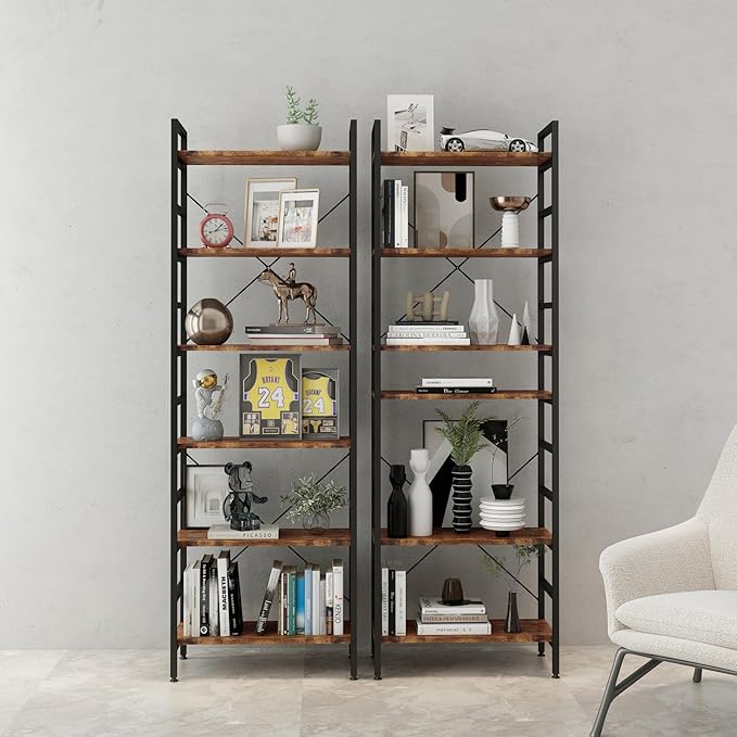 6 Tier Industrial Bookcase Shelf,Tall Bookshelf Industrial Corner Storage Organizer for Bedroom/Living Room/Home Office - Rustic Brown Modern Book Shelf for Books and Movies - LeafyLoom