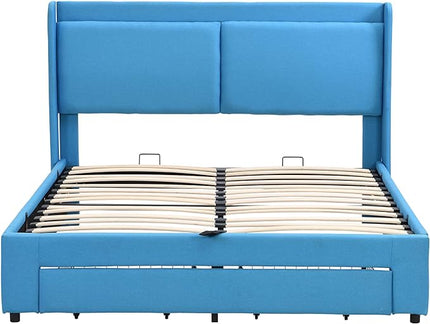 Queen Size Lift Up Storage Bed Platform Bed with 2 Drawers,Upholstered Platform Bed with Headboard and Wood Slats Support, Queen Size Bedframe with Hydraulic Storage System, Easy Assembly - LeafyLoom