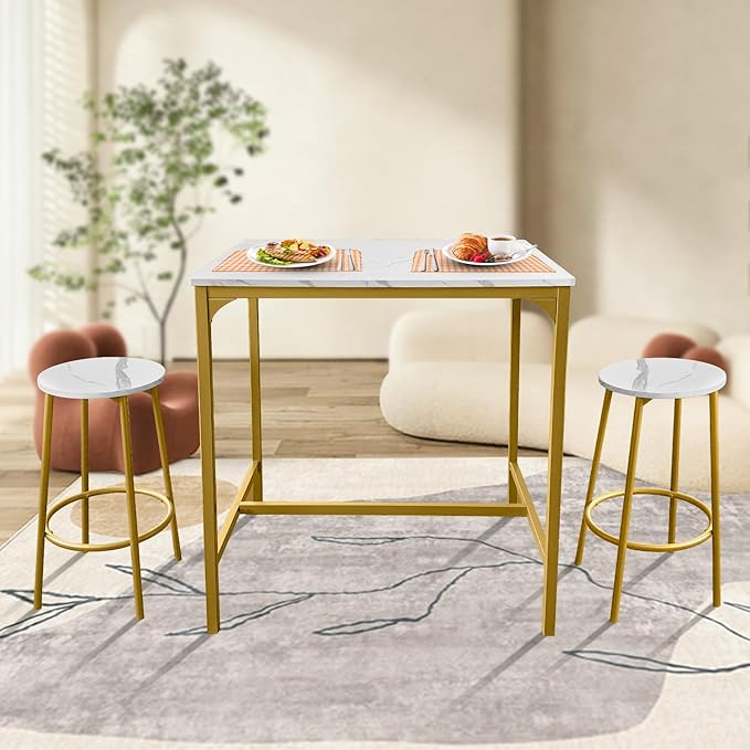 AT-VALY 3-Piece Bar Table Set with 2 Stools,Dining Room Table Set,Small Spaces (Gold) - LeafyLoom