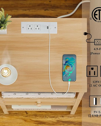 Lerliuo Nightstand with Charging Station and USB Ports, 3-Tier Storage End Table with Drawer Shelf, Night Stand for Small Spaces, Wood Bedside Table for Living Room, Bedroom - Natural Wood - LeafyLoom