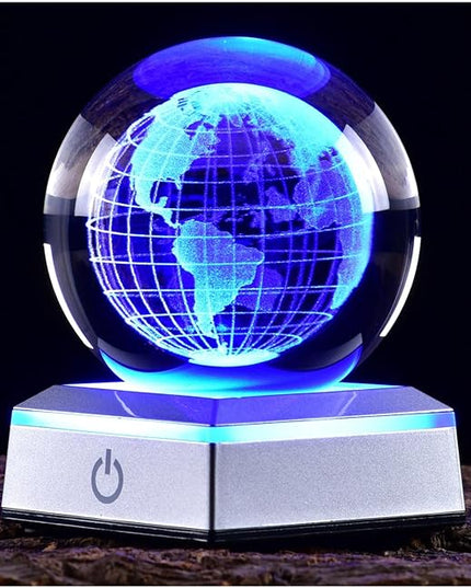 3D Crystal Ball Earth Model, with Led Stand, 3.15'' Globe World Map Planets Glass Ball Decor, Engraved Crystal Sphere with Gift Box, 6 Color Light, Romantic Gifts for Kids Friends - LeafyLoom