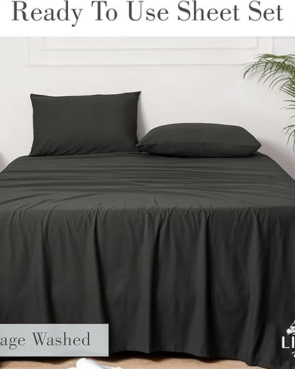 Linen Home Washed Cotton Percale Twin Sheet Set, Charcoal, Deep Pocket, 3 Pieces Bed Sheets - 1 Flat Sheet, 1 Fitted Sheet & 1 Envelope Closure Pillowcase, Cool and Comfortable Bed Linen - LeafyLoom