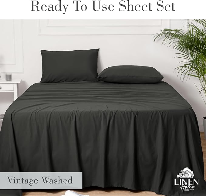 Linen Home Washed Cotton Percale Twin Sheet Set, Charcoal, Deep Pocket, 3 Pieces Bed Sheets - 1 Flat Sheet, 1 Fitted Sheet & 1 Envelope Closure Pillowcase, Cool and Comfortable Bed Linen - LeafyLoom