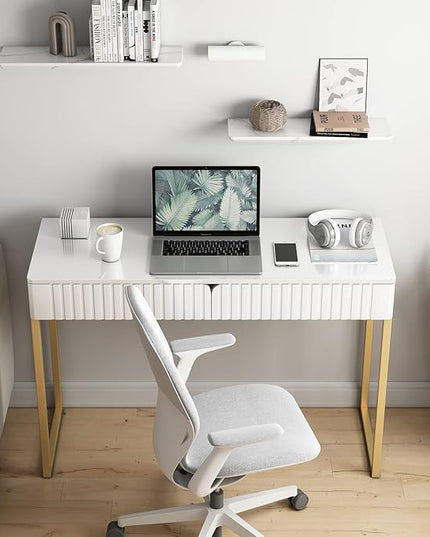 Elegant Modern Desk, 2 Drawers, Gold Legs, 43.3x15.75 inches, Home Office, Makeup Vanity, Computer, Writing, Study, Entryway, Sofa Table - LeafyLoom