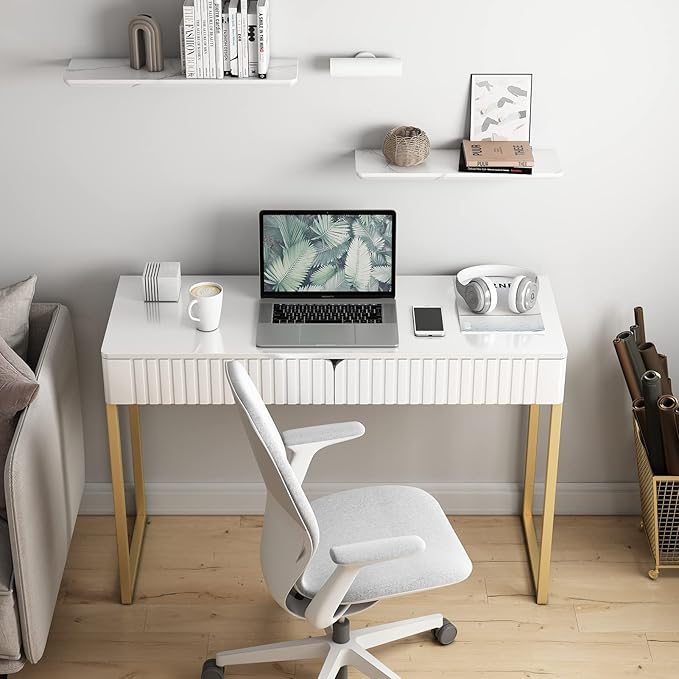 Elegant Modern Desk, 2 Drawers, Gold Legs, 43.3x15.75 inches, Home Office, Makeup Vanity, Computer, Writing, Study, Entryway, Sofa Table - LeafyLoom