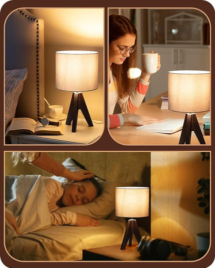 EDISHINE Boho Small Table Lamp, Walnut Color Wooden Tripod Bedside Lamp, Farmhouse Nightstand Lamp for Nursery, Bedroom, Office, Kid Room, Living Room, Grey Linen Lampshade, E26 Socket, 14.2 Inch - LeafyLoom