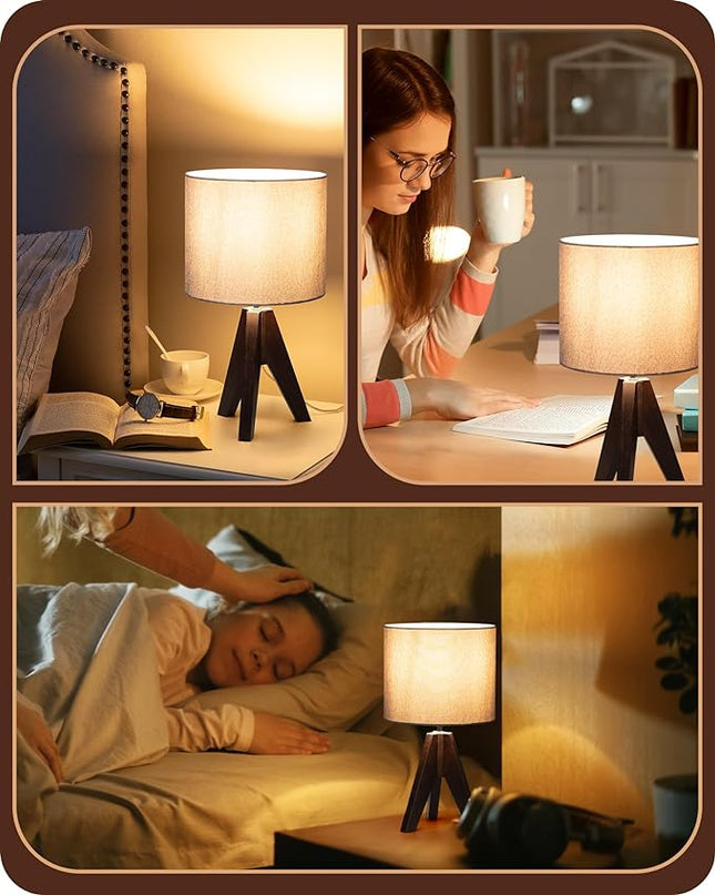EDISHINE Boho Small Table Lamp, Walnut Color Wooden Tripod Bedside Lamp, Farmhouse Nightstand Lamp for Nursery, Bedroom, Office, Kid Room, Living Room, Grey Linen Lampshade, E26 Socket, 14.2 Inch - LeafyLoom