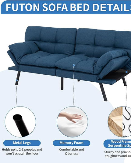 MUUEGM Futon Sofa Bed,Convertible Memory Foam Futons Couch Bed,Folding Sofa Bed Sleeper Couch Loveseat for Living Room,office,Apartment,Small Space,Adjustable Backrest Armrests,Blue - LeafyLoom