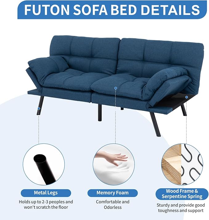 MUUEGM Futon Sofa Bed,Convertible Memory Foam Futons Couch Bed,Folding Sofa Bed Sleeper Couch Loveseat for Living Room,office,Apartment,Small Space,Adjustable Backrest Armrests,Blue - LeafyLoom