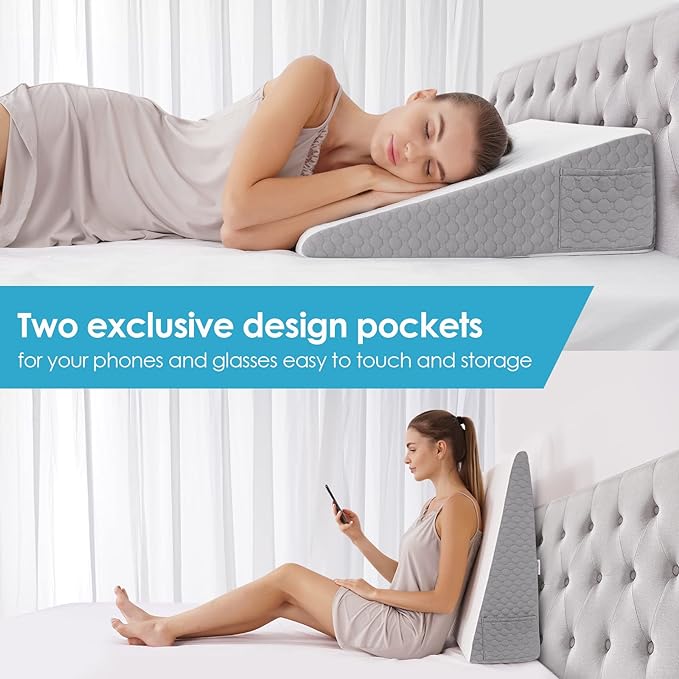Forias 7.5" Wedge Pillow for Sleeping Bed Wedge Pillow for After Surgery Triangle Elevated Pillow Wedge for Acid Reflux Gerd Snoring Back Pain, Air Layer Removable Machine Wash Cover | Memory Foam Top - LeafyLoom