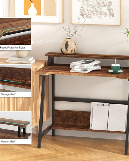 Computer Home Office Desk, 31.5" Desk for Small Spaces with Storage Shelf,Small Computer Desk with Monitor and Bookshelf, Modern Simple Style Laptop Desk - LeafyLoom
