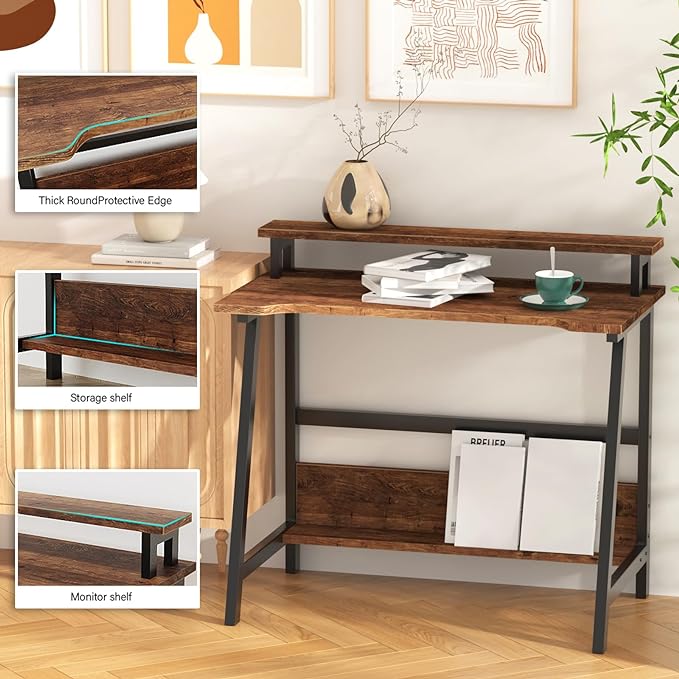 Computer Home Office Desk, 31.5" Desk for Small Spaces with Storage Shelf,Small Computer Desk with Monitor and Bookshelf, Modern Simple Style Laptop Desk - LeafyLoom