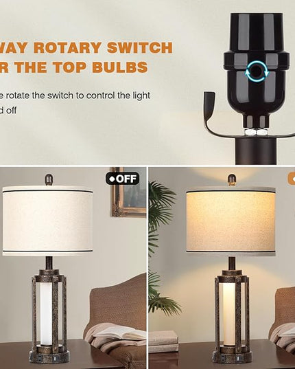 26" Farmhouse Table Lamps Set of 2, Vintage Rustic Industrial Beside Lamps with USB A+C Charging Ports & AC Outlet, Nightstand Lamp with Glass Night Light & Linen Fabric Shade for Living Room Bedrooms - LeafyLoom